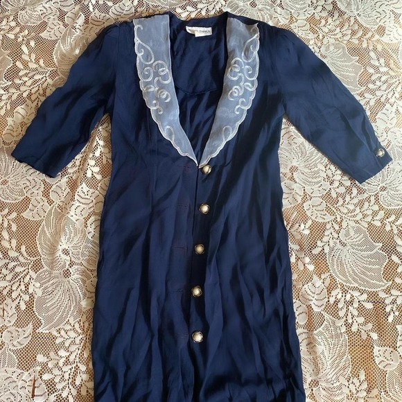 Betsys Things Vintage Navy Blue Midi Dress Embroidered Collar Pearl Button Front - Picture 2 of 4